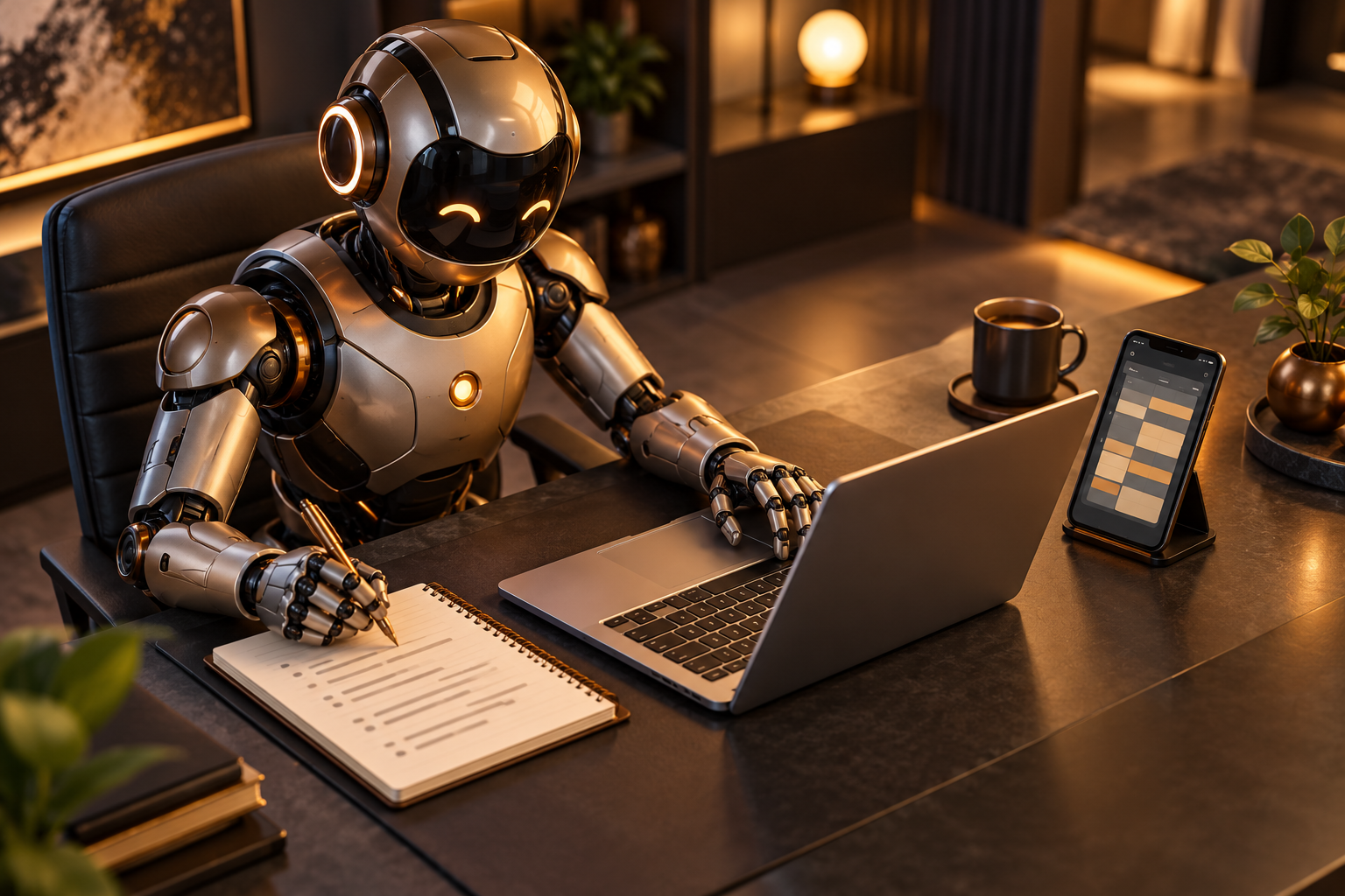 Illustrative AI robot working at a desk with computer, phone and notes