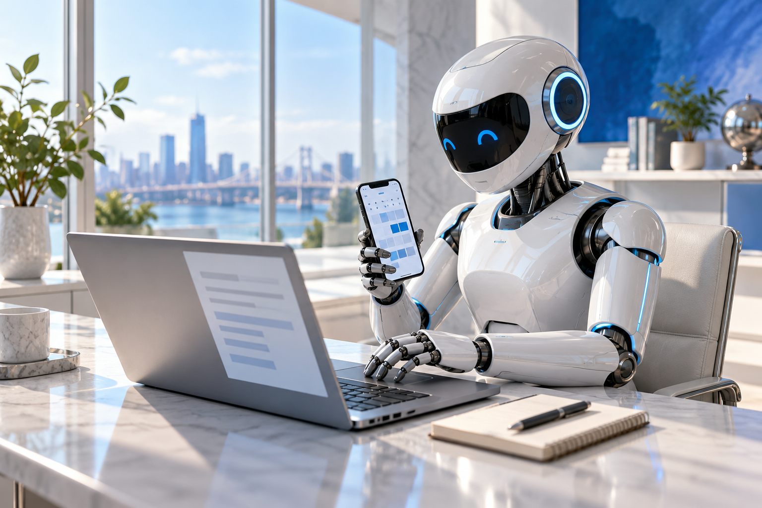 Illustrative AI robot working at a desk with computer, phone and notes