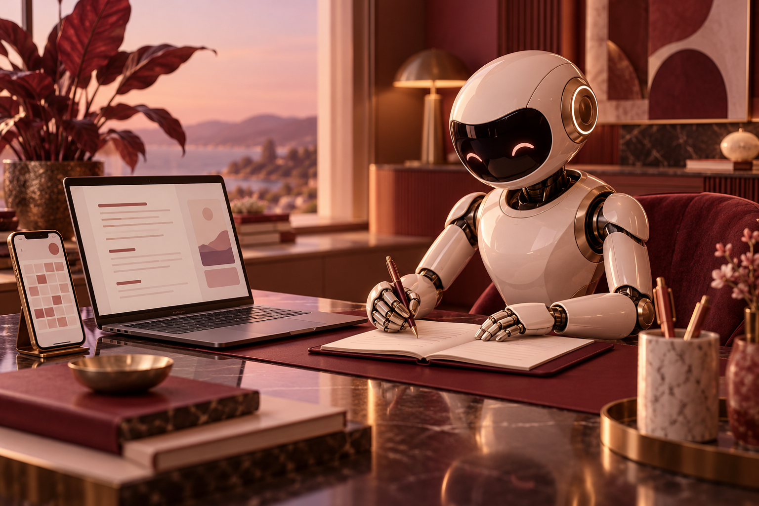 Illustrative AI robot working at a desk with computer, phone and notes