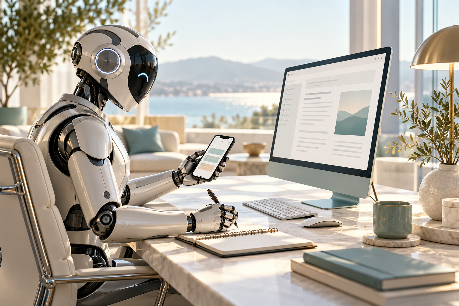 Illustrative AI robot working at a desk with computer, phone and notes