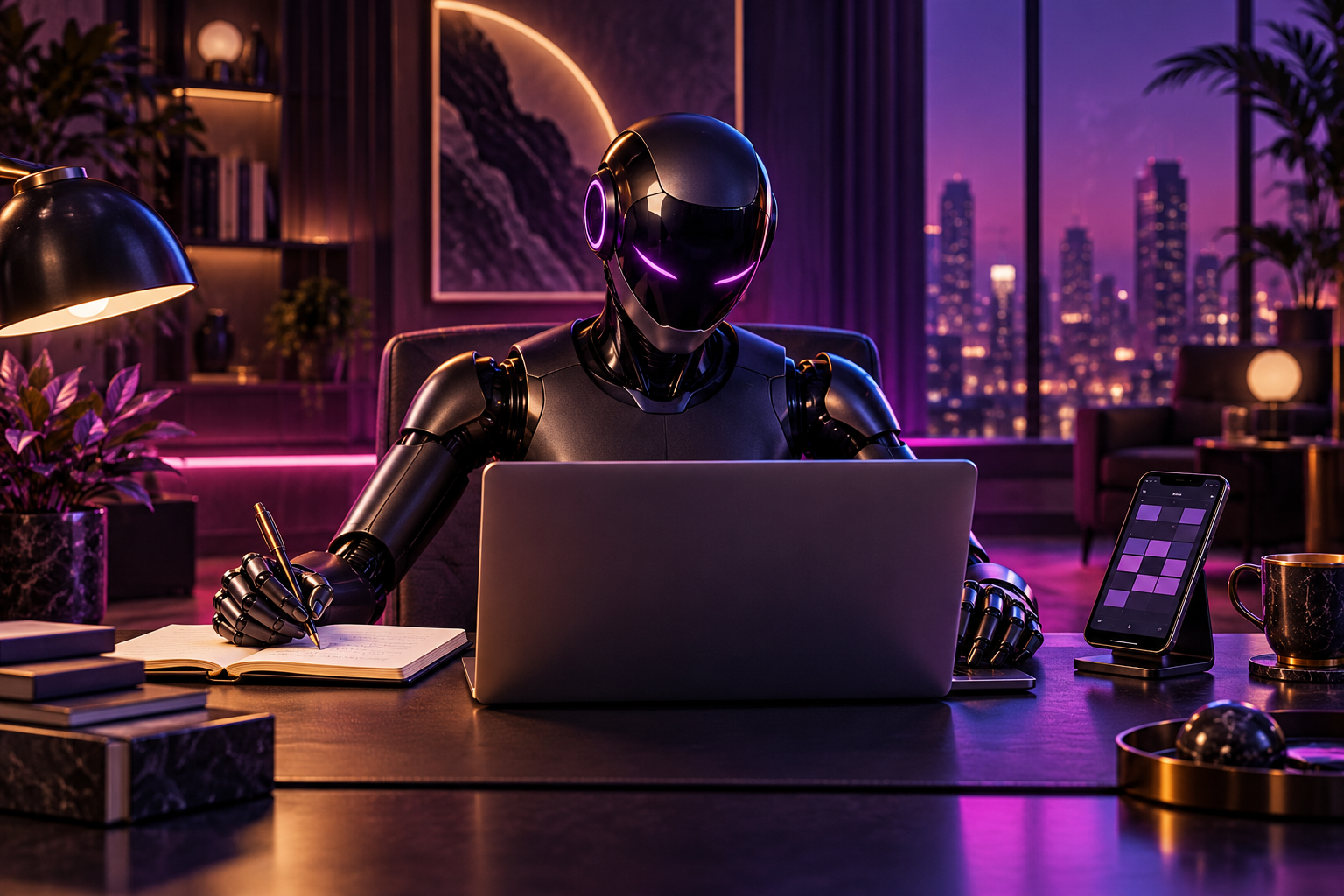 Illustrative AI robot working at a desk with computer, phone and notes