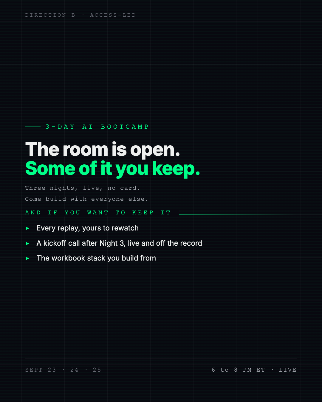 3-Day AI Bootcamp VIP access graphic showing replays, kickoff call, and workbook stack