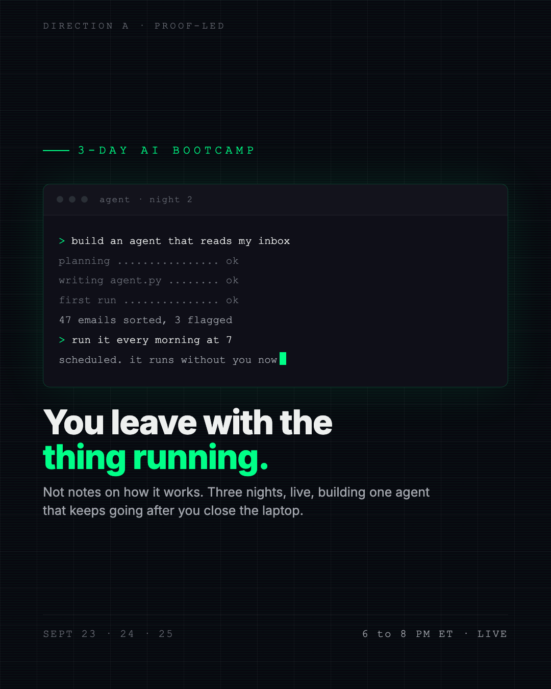 3-Day AI Bootcamp promotional graphic showing an AI employee sorting email every morning